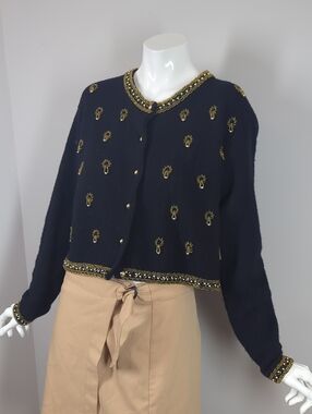 Vintage Lambswool  Cadigan Embellished Black Cropped Sweater Beaded